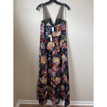 Marchesa notte Floral Jacquard Maxi Dress Sleeveless Mesh V-Neck Gown Black Size 6