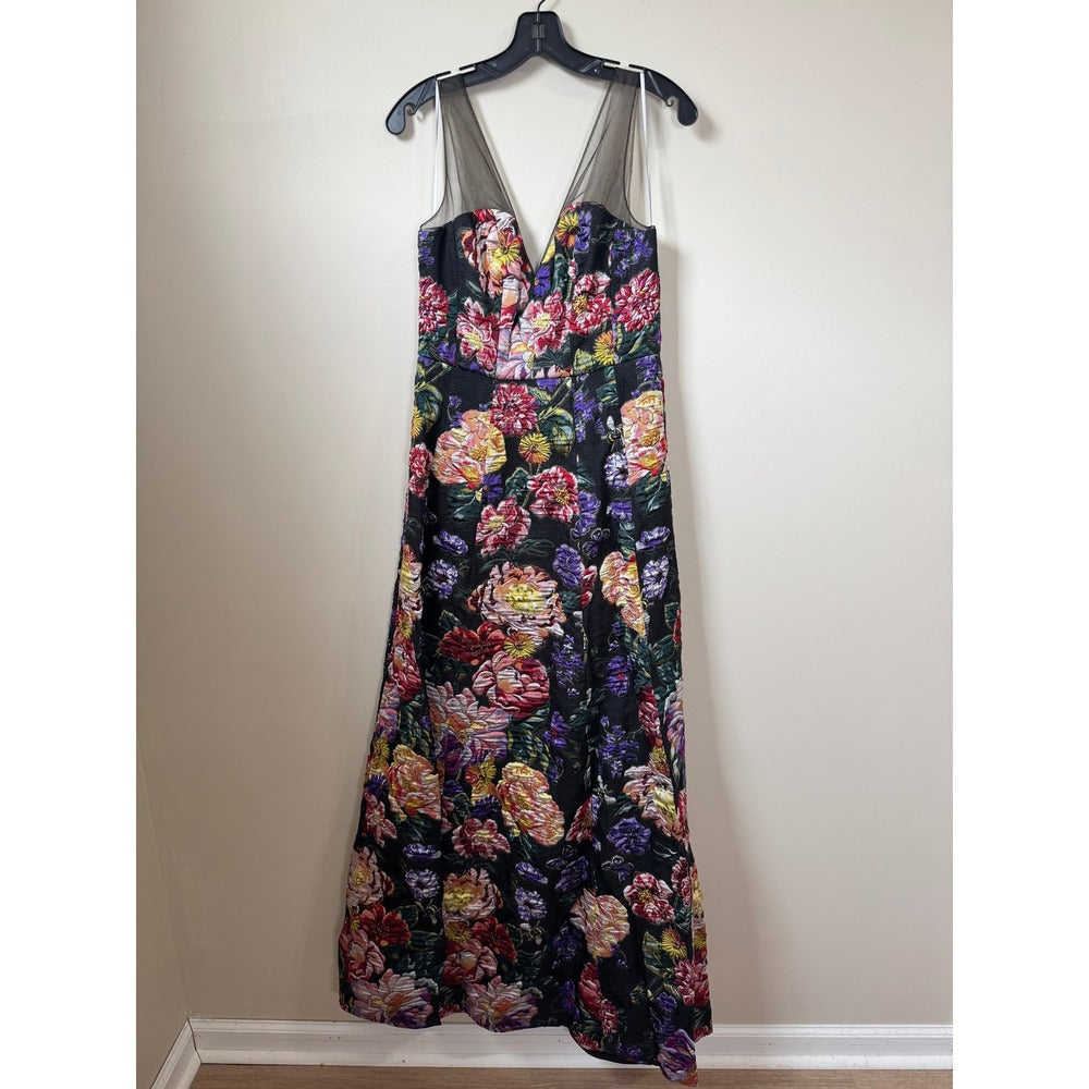 Marchesa notte Floral Jacquard Maxi Dress Sleeveless Mesh V-Neck Gown Black Size 6