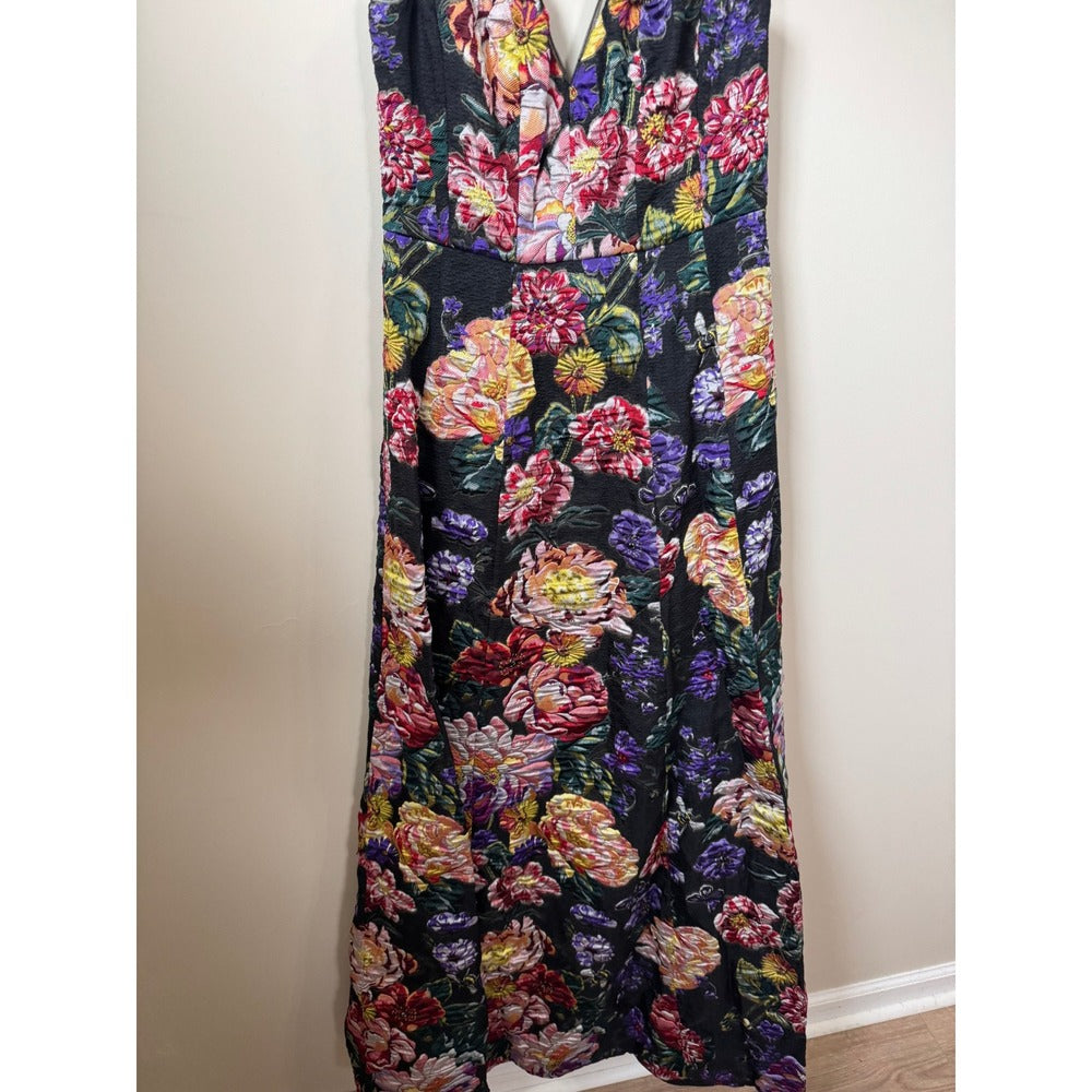 Marchesa notte Floral Jacquard Maxi Dress Sleeveless Mesh V-Neck Gown Black Size 6