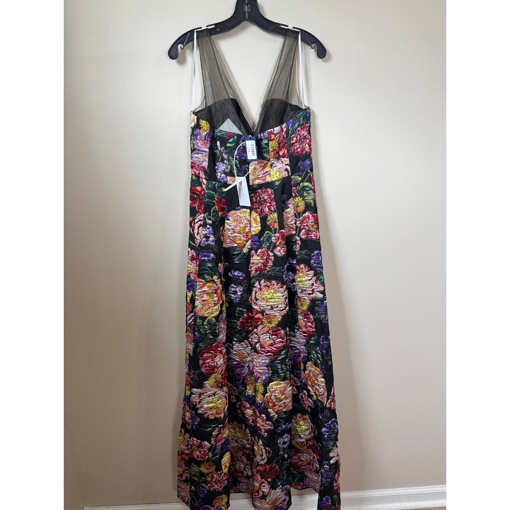 Marchesa notte Floral Jacquard Maxi Dress Sleeveless Mesh V-Neck Gown Black Size 6