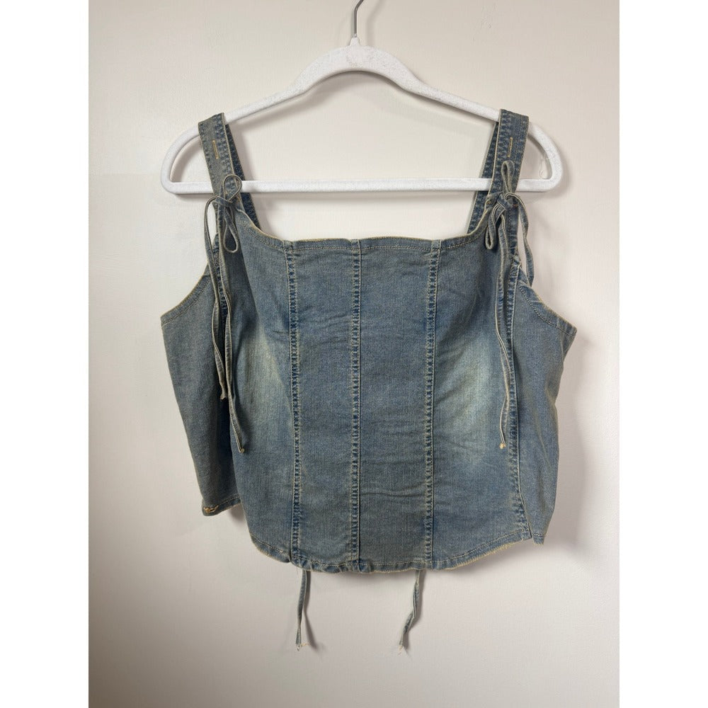Jaded Gypsy Blue Denim Corset Top Lace Up Back Tie Shoulder Straps Bodice Boho
