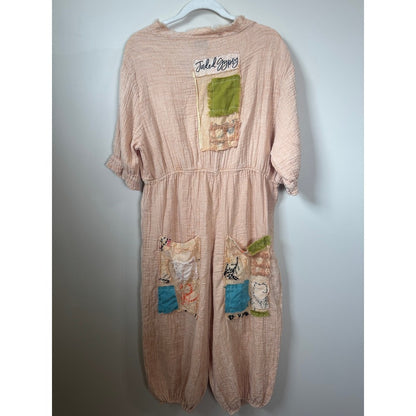 Jaded Gypsy Peach Gauze Patchwork Jumpsuit Boho Art to Wear One Size Relaxed Fit