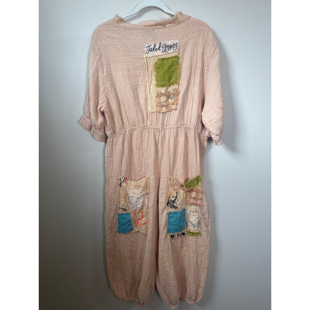 Jaded Gypsy Peach Gauze Patchwork Jumpsuit Boho Art to Wear One Size Relaxed L/XL