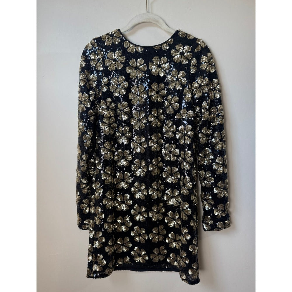 Show Me Your Mumu Womens XS Black Gold Sequin Floral Mini Dress Long Sleeve