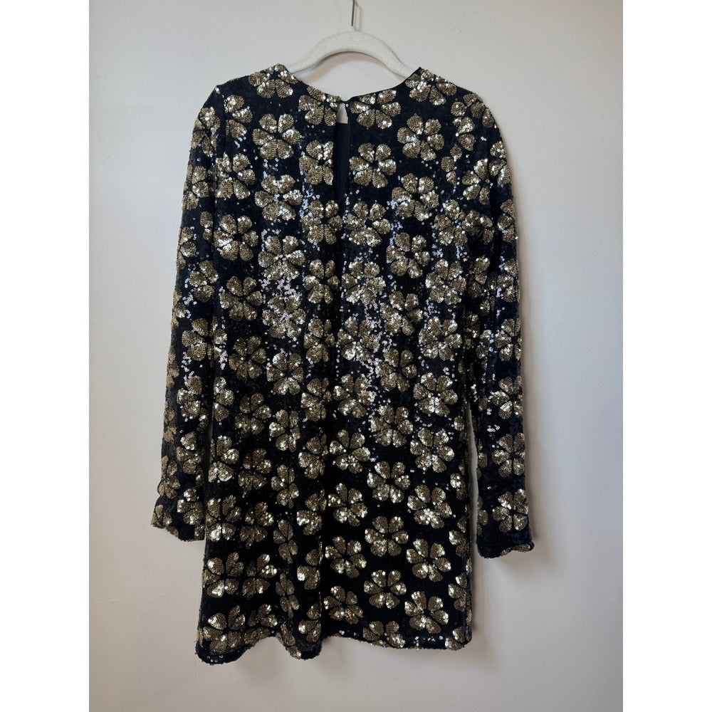 Show Me Your Mumu Womens XS Black Gold Sequin Floral Mini Dress Long Sleeve