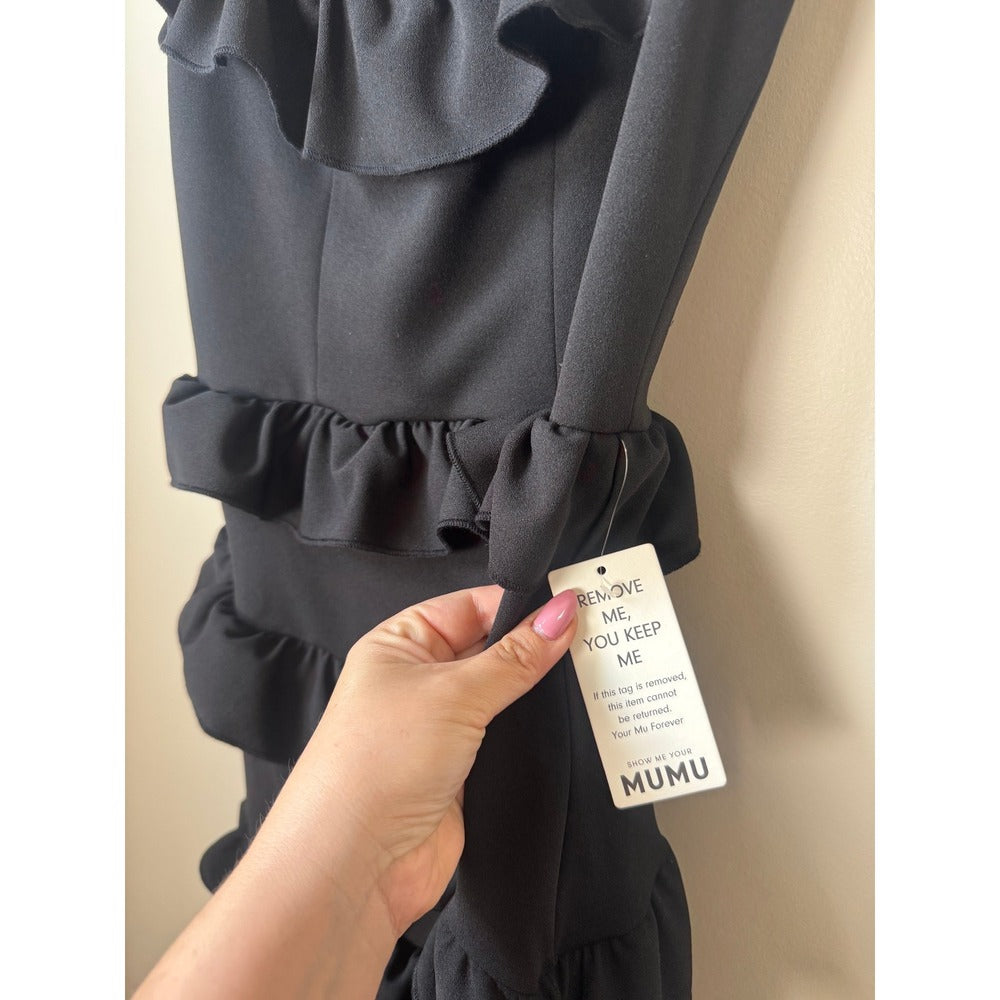 Show Me Your Mumu Black Tiered Ruffle Midi Dress Square Neck Slit Size S New