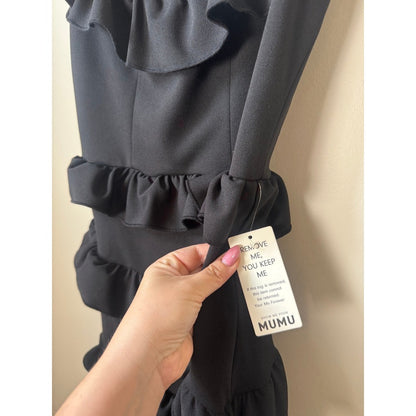Show Me Your Mumu Black Tiered Ruffle Midi Dress Square Neck Slit Size S New