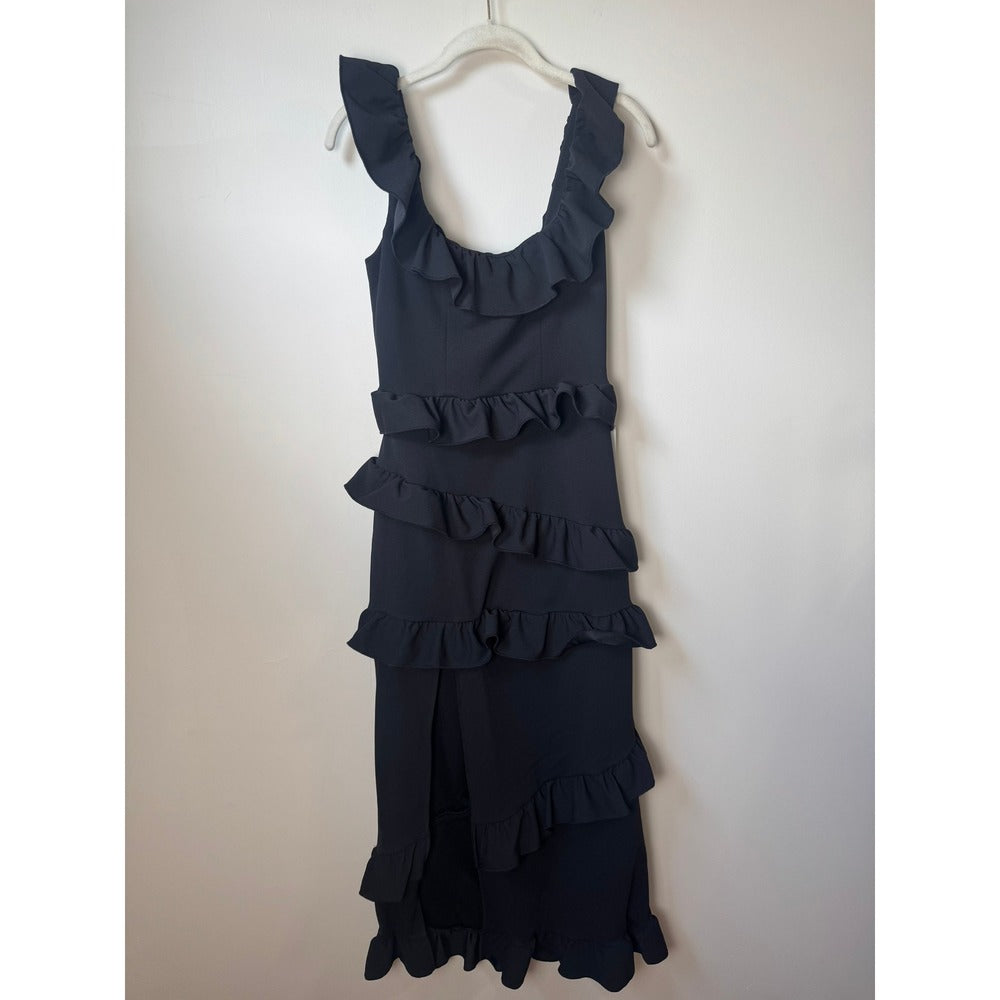 Show Me Your Mumu Black Tiered Ruffle Midi Dress Square Neck Slit Size S New