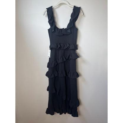 Show Me Your Mumu Black Tiered Ruffle Midi Dress Square Neck Slit Size S New