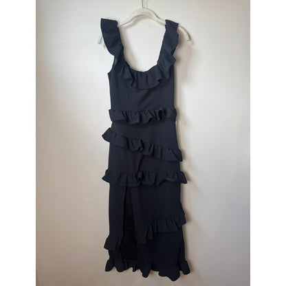Show Me Your Mumu Black Tiered Ruffle Midi Dress Square Neck Slit Size S New