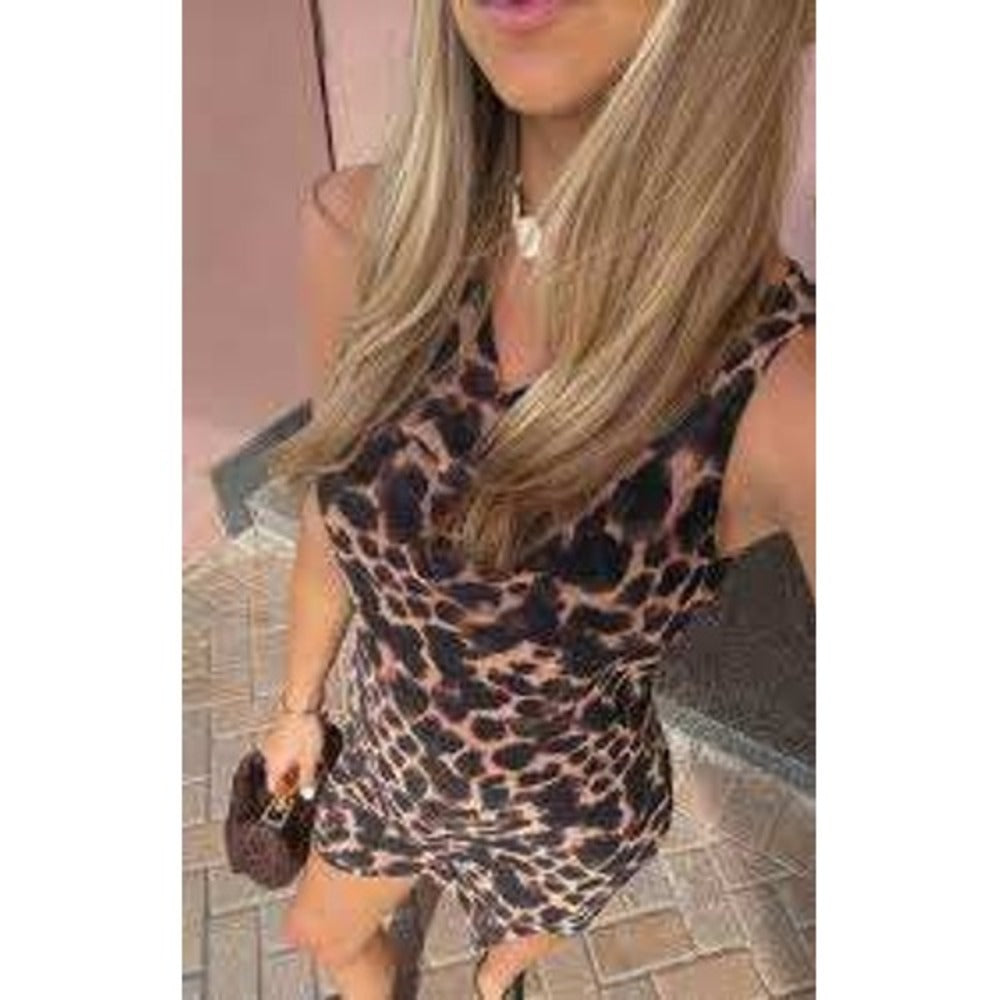 Show Me Your Mumu Leopard Print Mesh Cowl Neck Mini Dress Tan Black Womens M