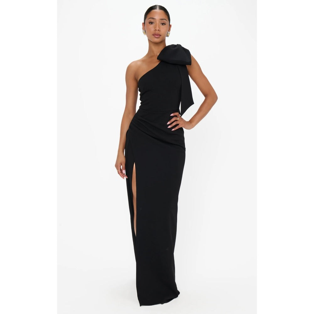 Show Me Your Mumu Women Black One Shoulder Bow Maxi Dress Slit Small