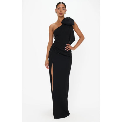 Show Me Your Mumu Women Black One Shoulder Bow Maxi Dress Slit Small