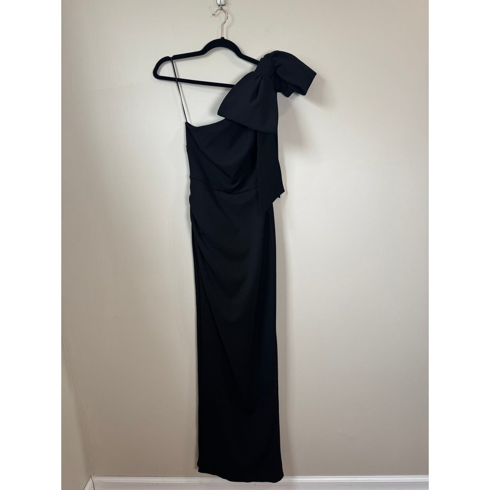 Show Me Your Mumu Women Black One Shoulder Bow Maxi Dress Slit Small