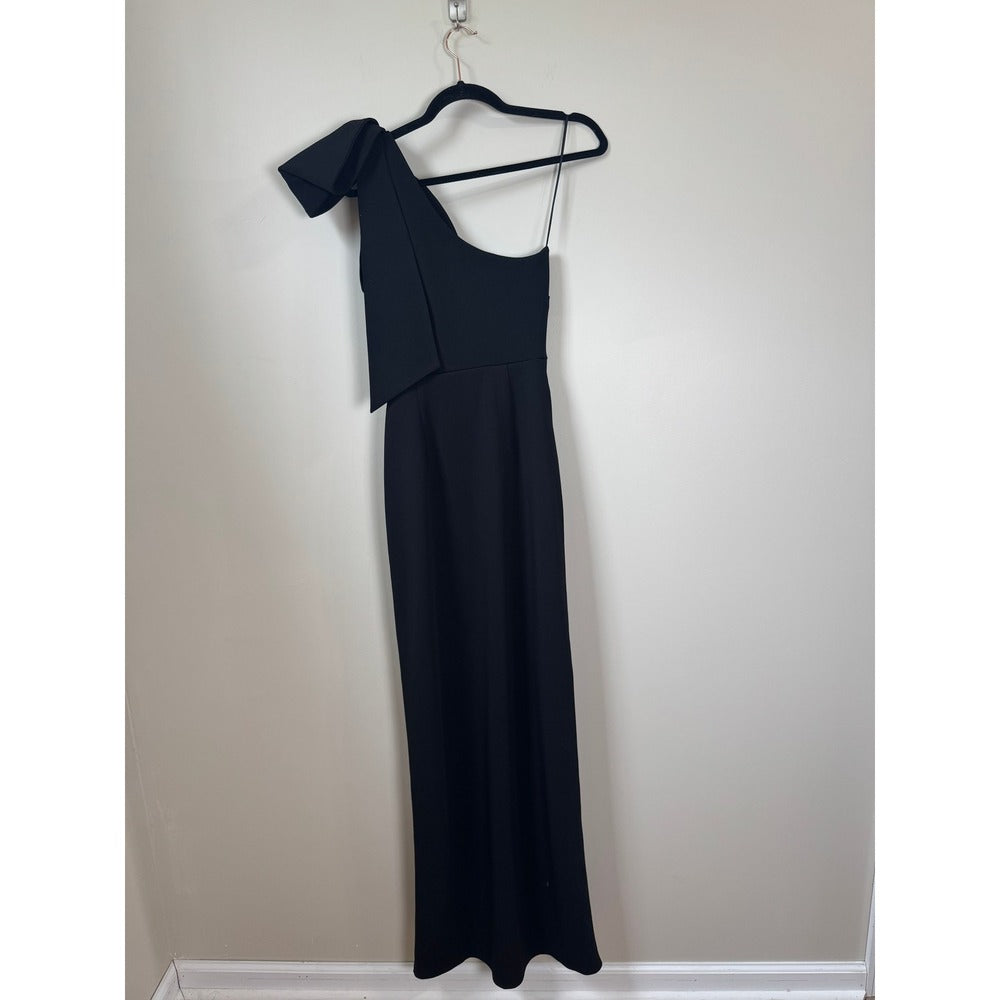 Show Me Your Mumu Women Black One Shoulder Bow Maxi Dress Slit Small