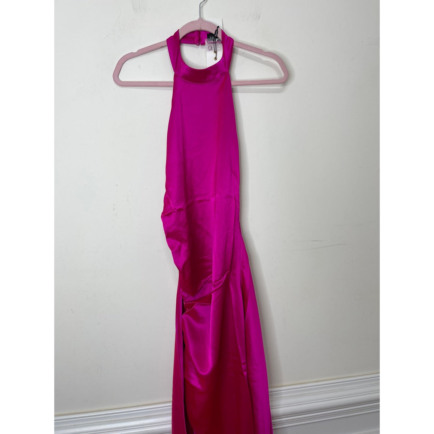 Retrofete Sabrina Dress Neon Pink Large Backless Satin Sleeveless Asymmetrical