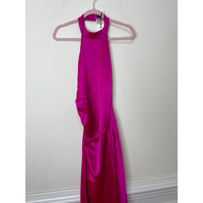 Retrofete Sabrina Dress Neon Pink Large Backless Satin Sleeveless Asymmetrical