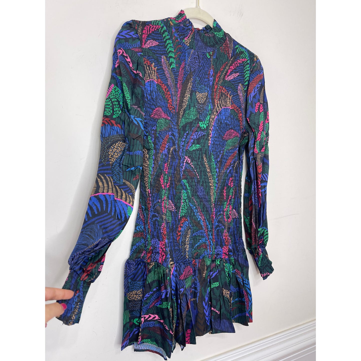 Farm Rio Amazonian Night Mini Dress Medium Multicolor Long Sleeve High Neck