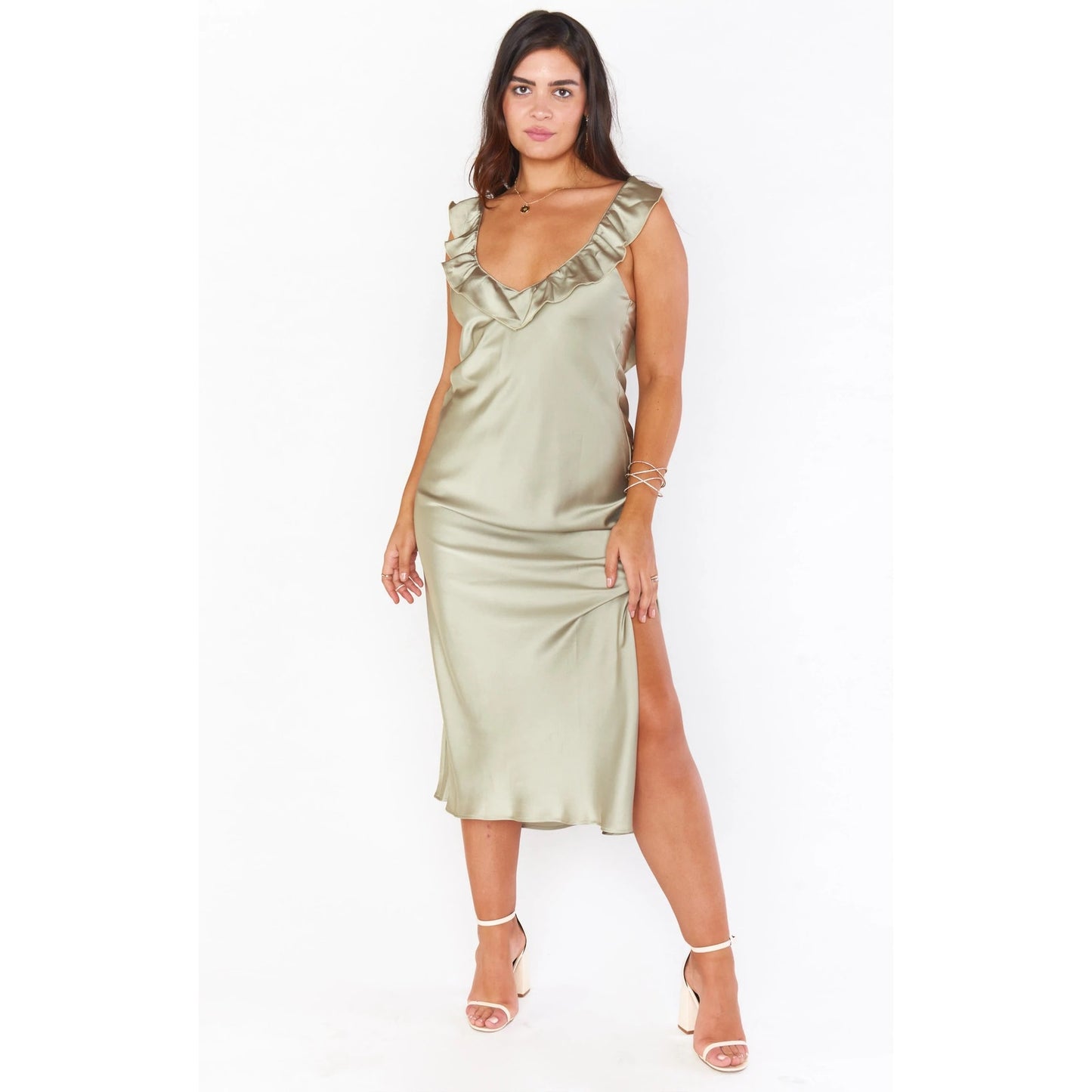 Show Me Your Mumu Serene Slip Dress in Moss Green Luxe Satin Size Medium