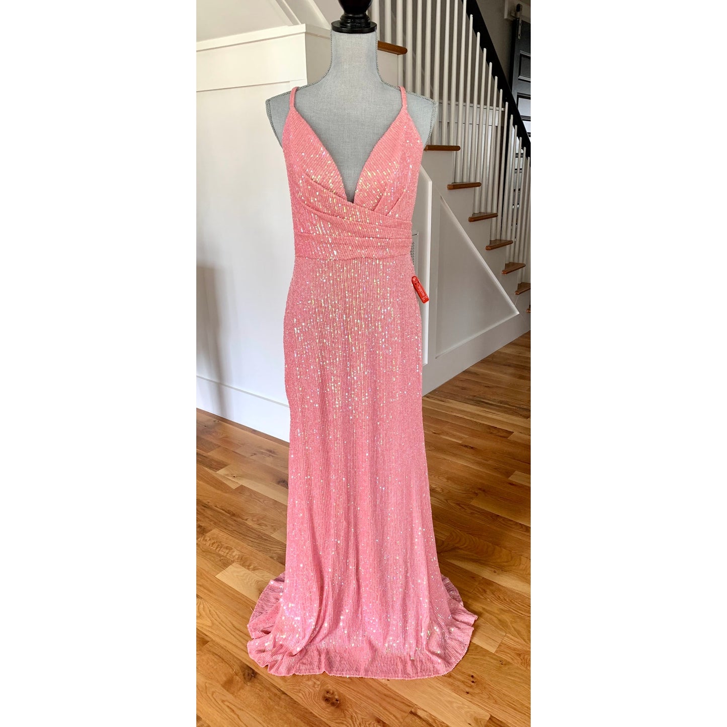 Ieena for Mac Duggal Long Gown Maxi Dress Pink Sequin Size 10 Sleeveless V-Neck