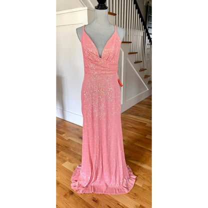 Ieena for Mac Duggal Long Gown Maxi Dress Pink Sequin Size 10 Sleeveless V-Neck