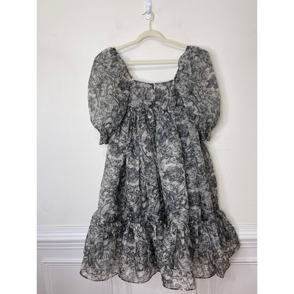 Selkie The French Puff Dress Small Navy Blue Floral Short Sleeve Square Neck