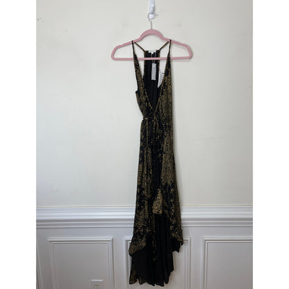 Poupette St. Barth Black & Gold Printed Wrap Midi Dress Size XS Sleeveless