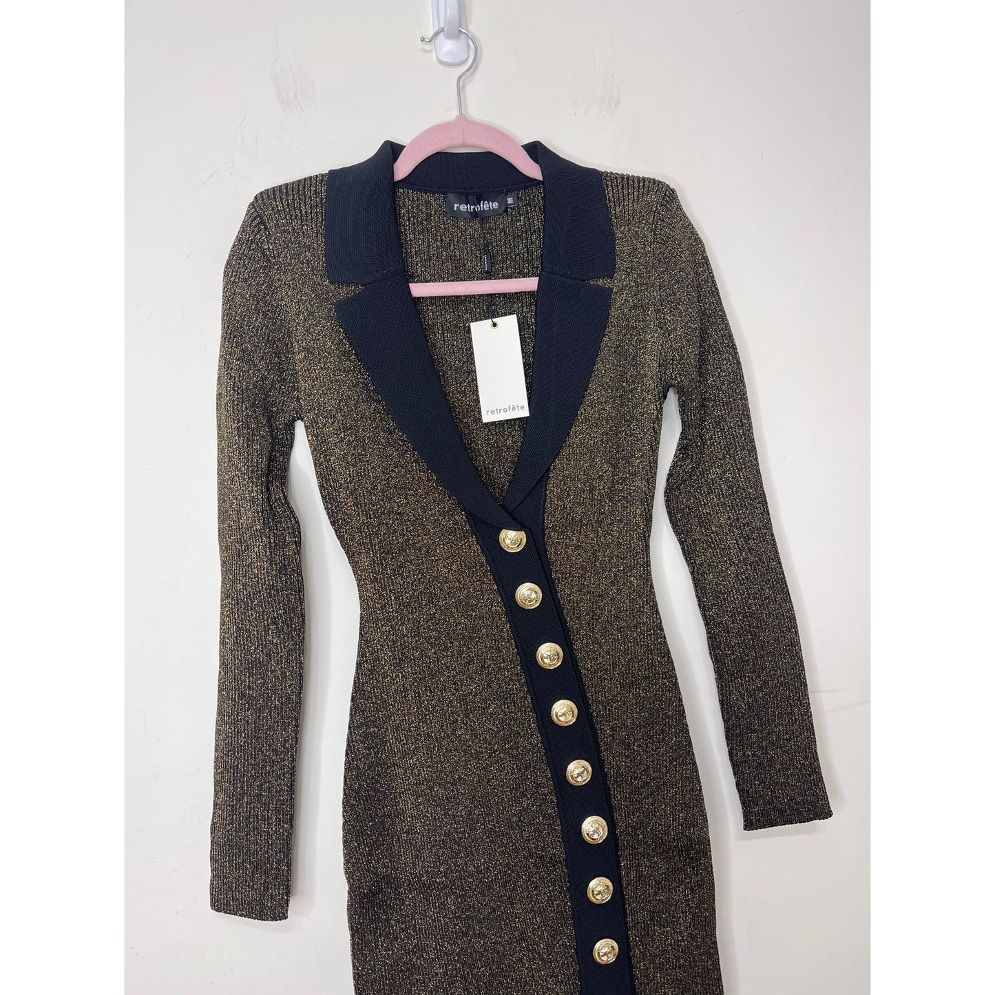 Retrofete Cassidy Cutaway-Hem Dress in Metallic Black/Gold Medium Long Sleeve