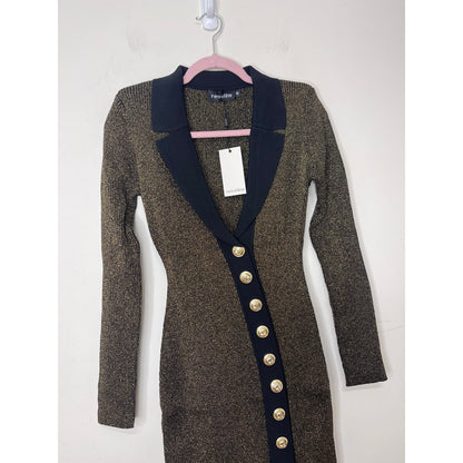 Retrofete Cassidy Cutaway-Hem Dress in Metallic Black/Gold Medium Long Sleeve