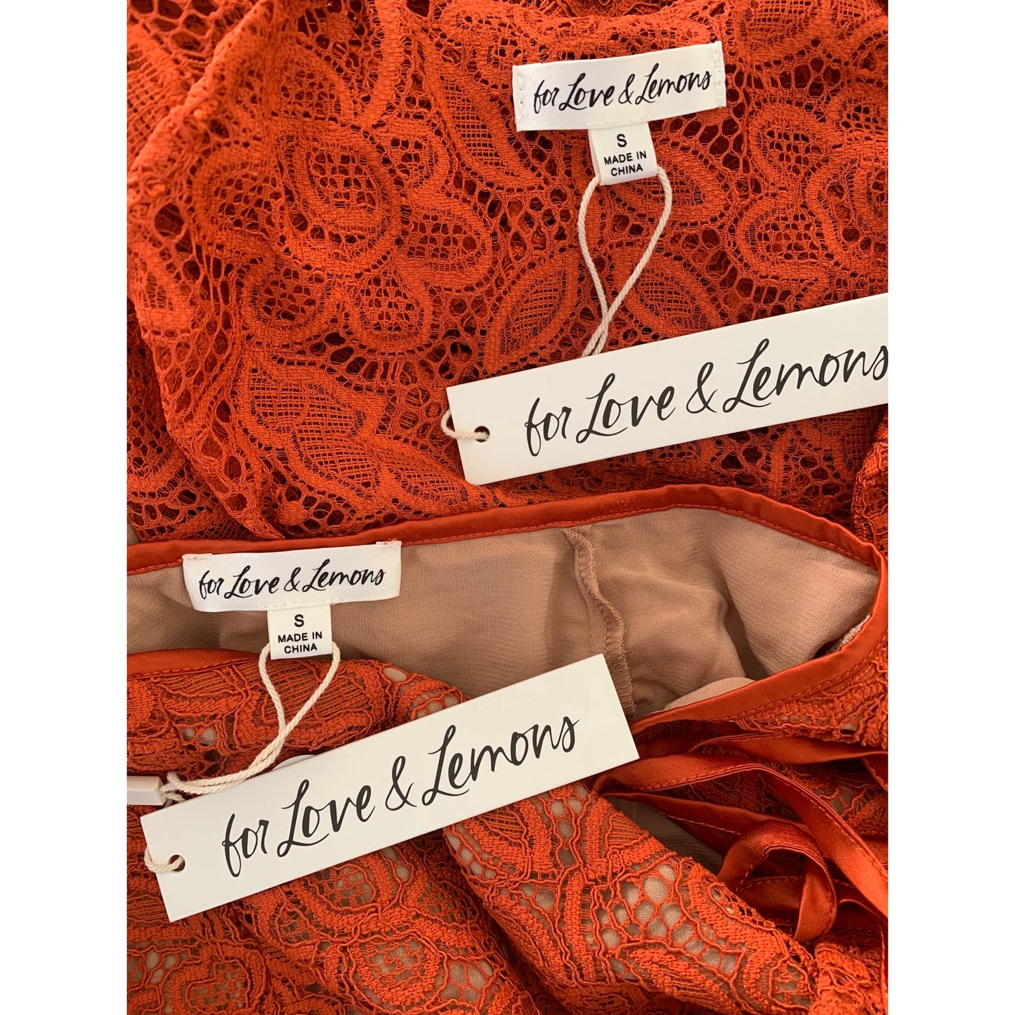 For Love & Lemons Lace Top and Skirt Set Burnt Orange Floral Small Eyelets