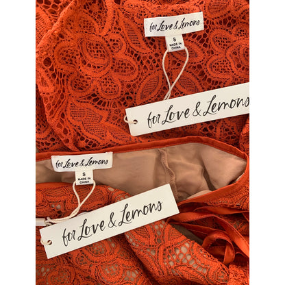 For Love & Lemons Lace Top and Skirt Set Burnt Orange Floral Small Eyelets