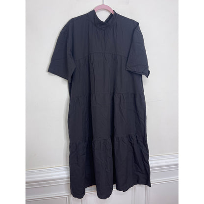 Everlane The Tiered Mockneck Dress in Black Medium Short Sleeve Keyhole Cotton