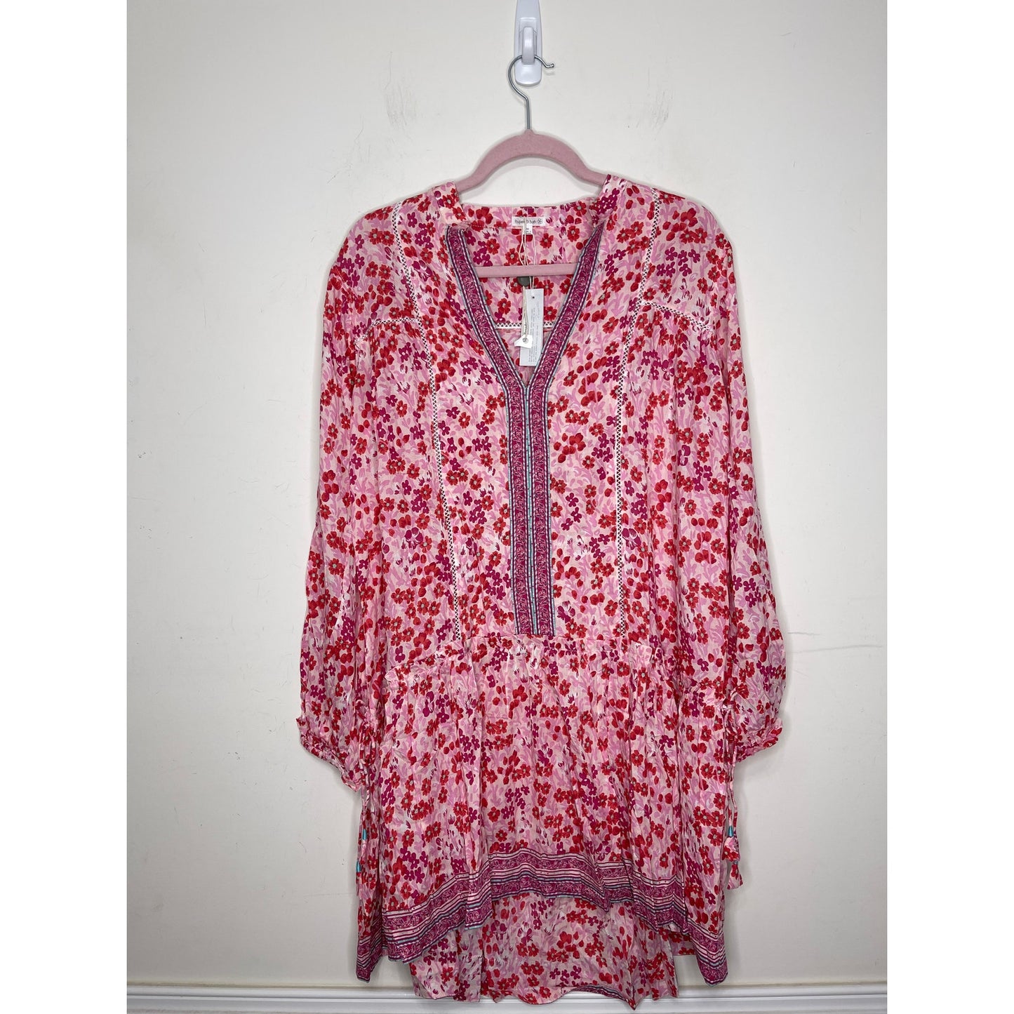 Poupette St. Barth Sylvia Drop Waist Mini Dress in Pink Daffodil Medium Tasseled