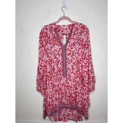 Poupette St. Barth Sylvia Drop Waist Mini Dress in Pink Daffodil Medium Tasseled