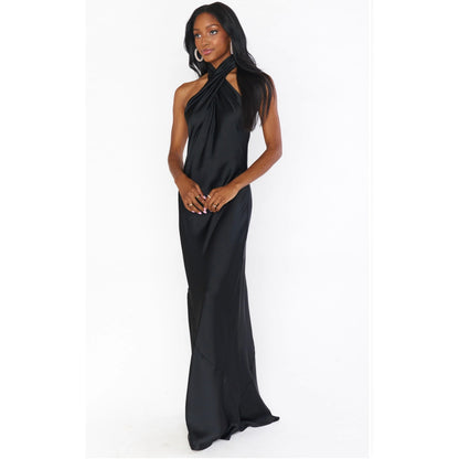 Show Me Your Mumu Jasmine Halter Maxi Dress in Black Satin Size Small