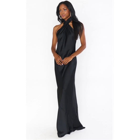 Show Me Your Mumu Jasmine Halter Maxi Dress in Black Satin Size Small