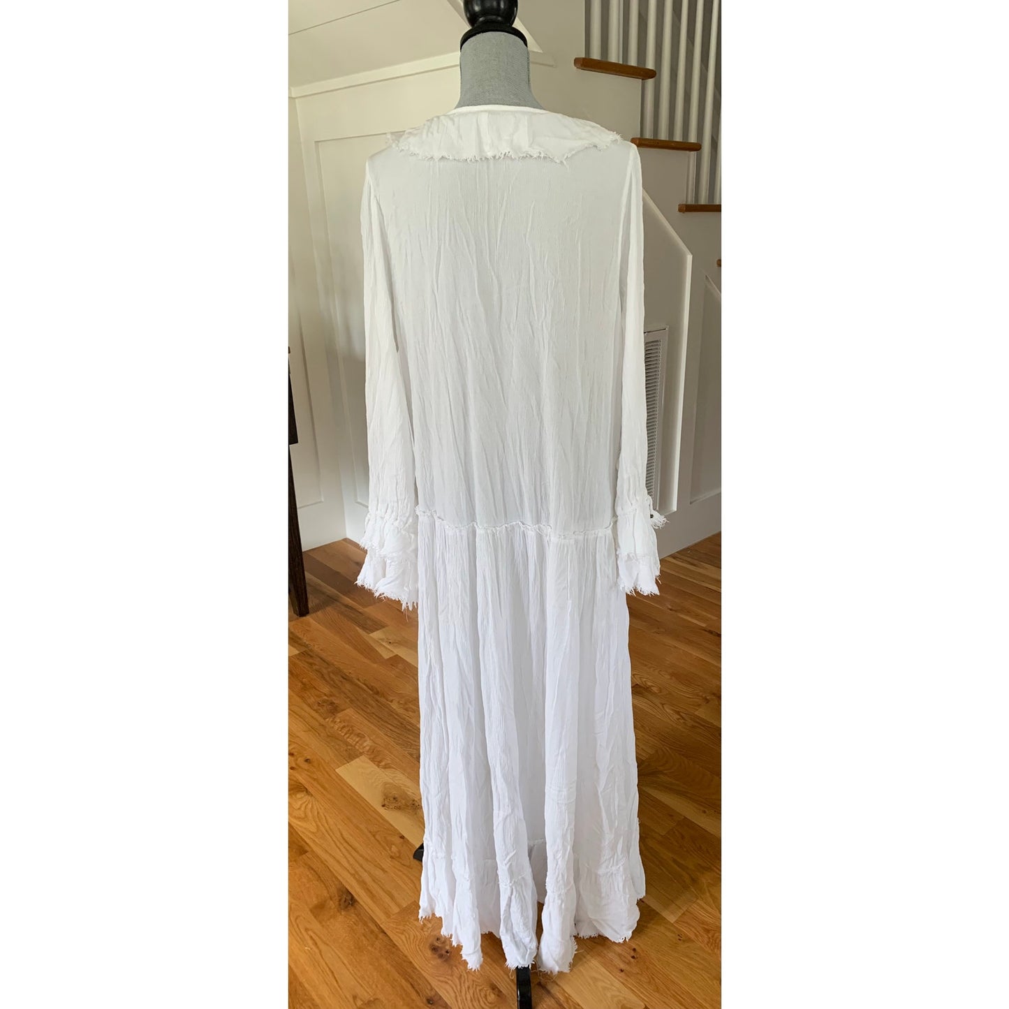 Free People Boho Maxi Dress White Medium Long Sleeve Ruffle Fringe Button Front