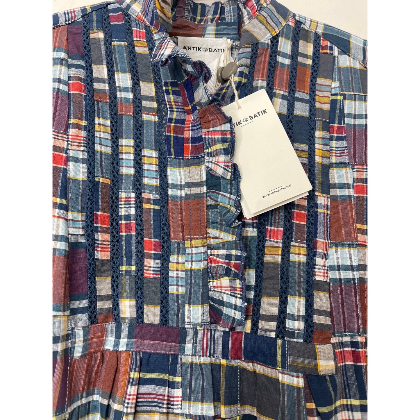 Antik Batik Jerro Dress in Blue Patchwork Checked Small/38 Long Sleeve Cotton