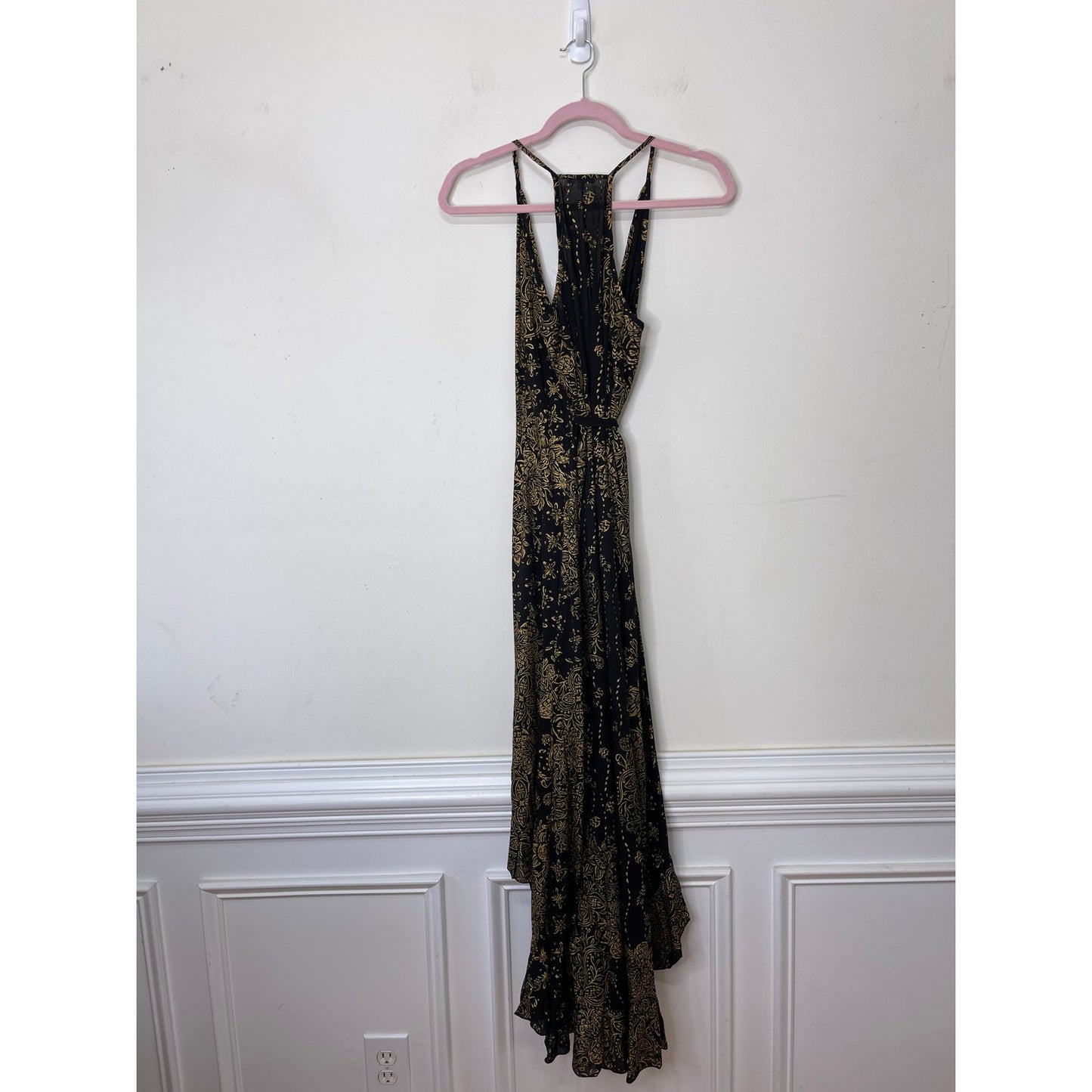 Poupette St. Barth Black & Gold Printed Wrap Midi Dress Size XS Sleeveless