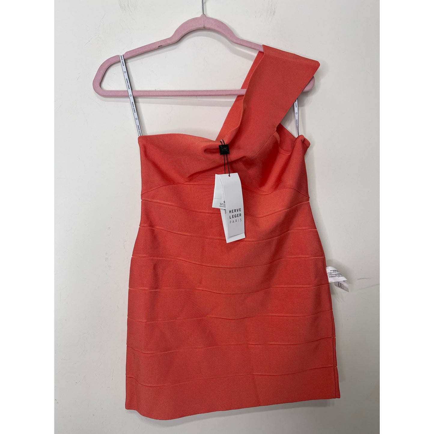 Herve Leger One Shoulder Bandage Mini Dress in Deep Sea Coral Size XL Stretch