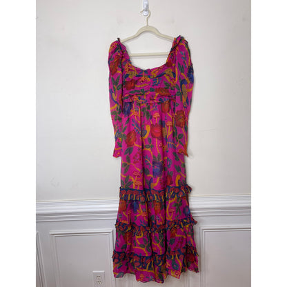 Farm Rio Sweet Forest Maxi Dress Pink Size XS Floral Long Sleeve Keyhole Lined