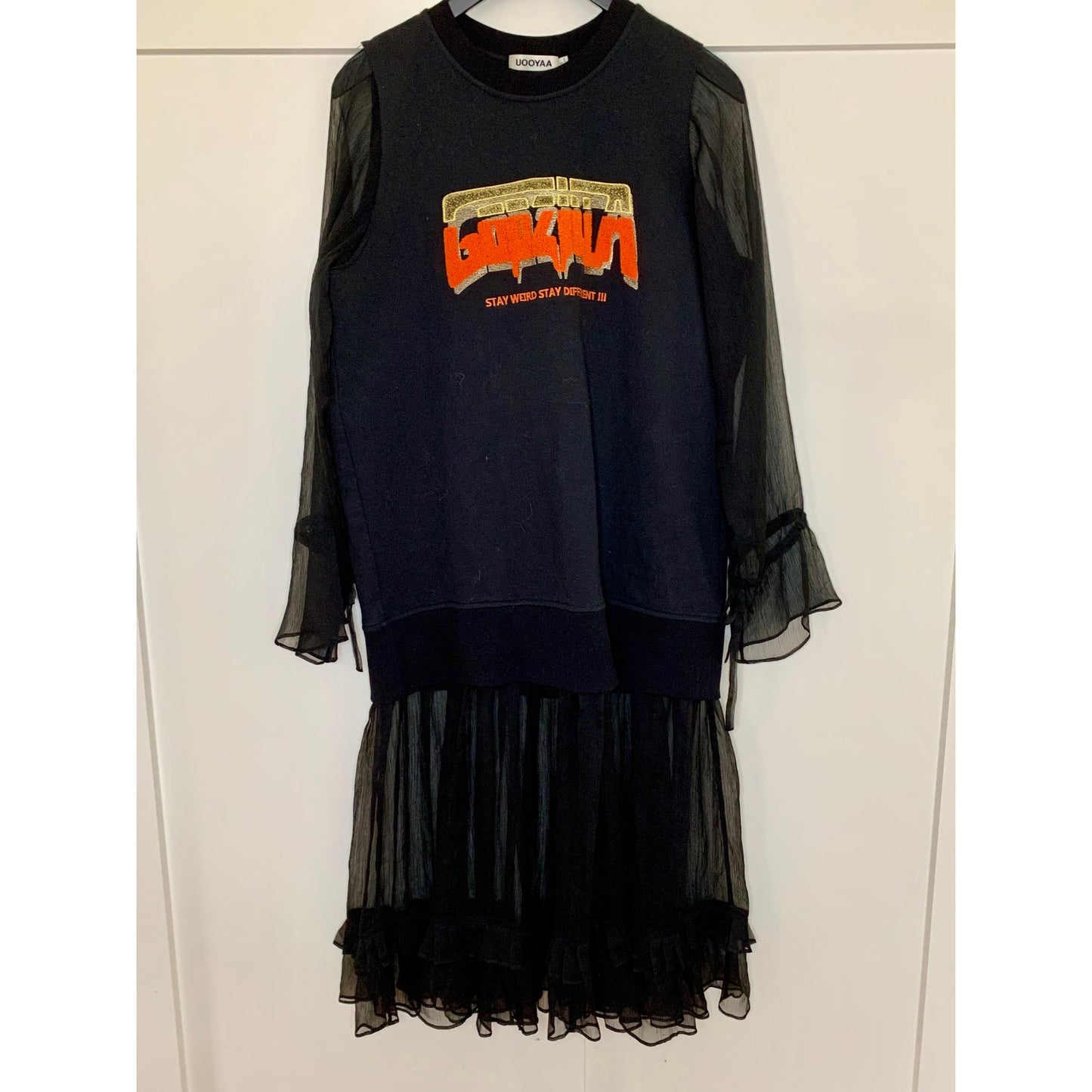 UOOYAA Mini Dress Godzilla Graphic Print Black Small Chiffon Long Sleeve Ruffle