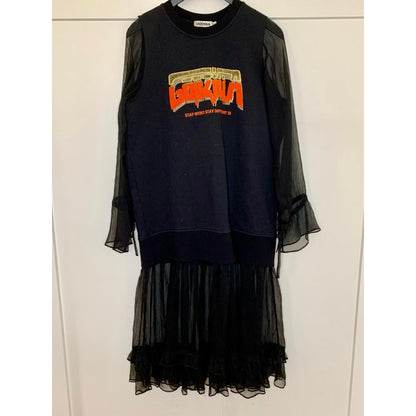 UOOYAA Mini Dress Godzilla Graphic Print Black Small Chiffon Long Sleeve Ruffle