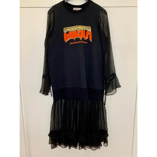 UOOYAA Mini Dress Godzilla Graphic Print Black Small Chiffon Long Sleeve Ruffle