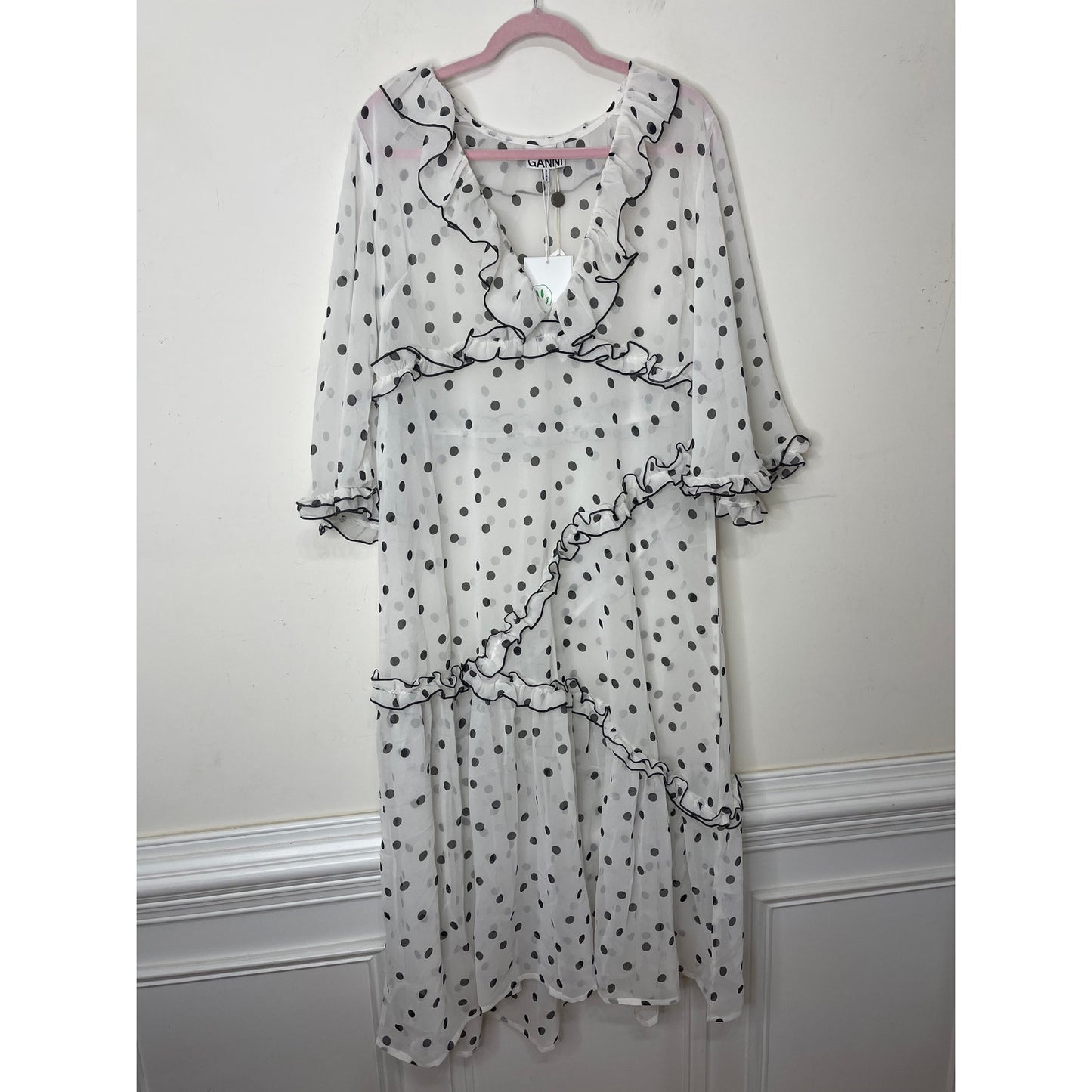 GANNI Ruffled Chiffon Midi Dress White Polka Dot 40/US 10 Half Sleeve V-Neck