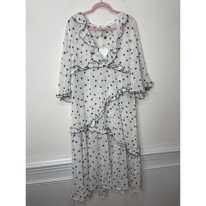 GANNI Ruffled Chiffon Midi Dress White Polka Dot 40/US 10 Half Sleeve V-Neck