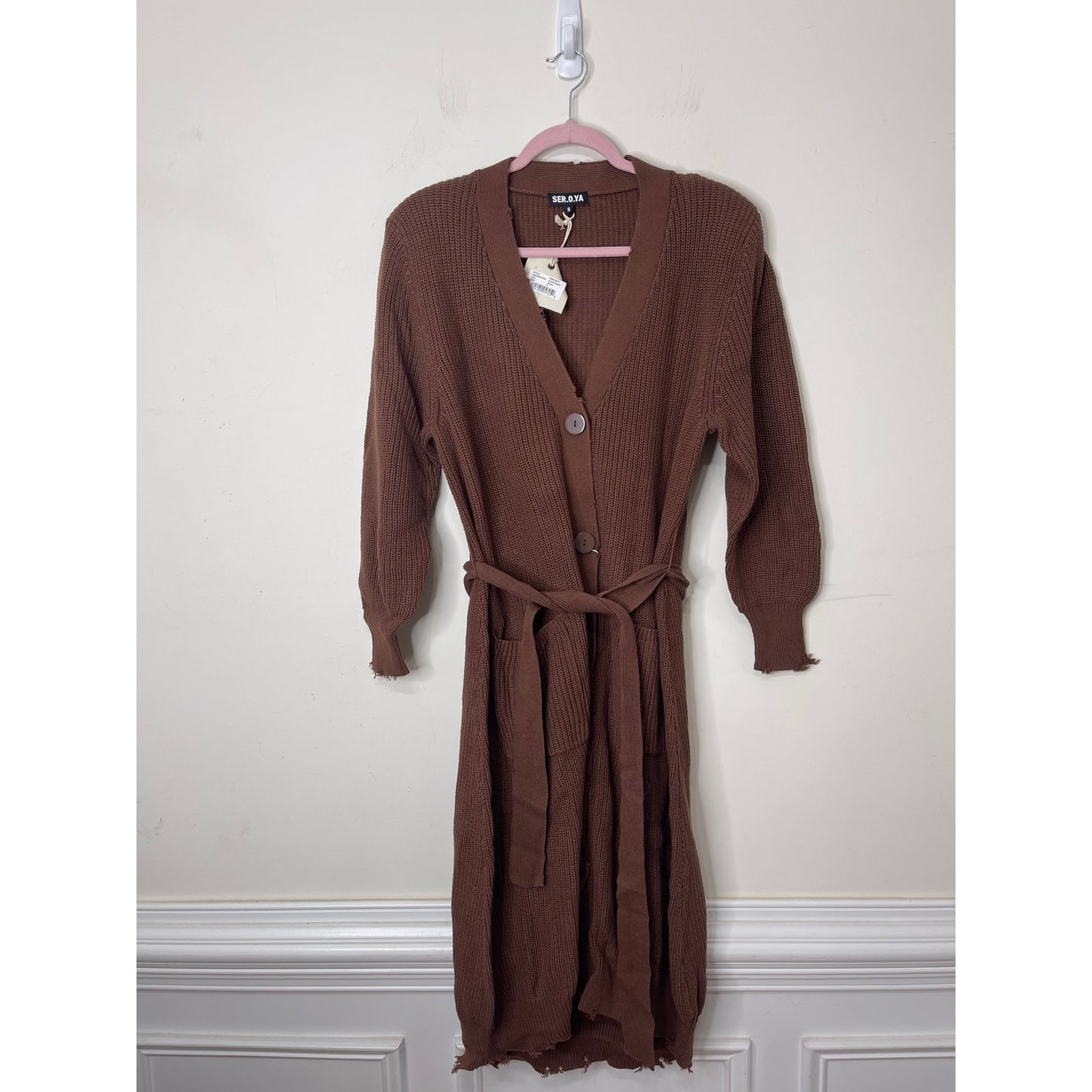 SER.O.YA Amanda Sweater Dress Brown Small Long Sleeve Button Front Knit Cotton