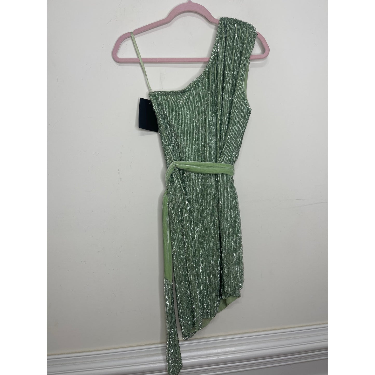 Retrofete Ellla Sequin Dress in Sage Small Mini One Shoulder Sleeveless Party