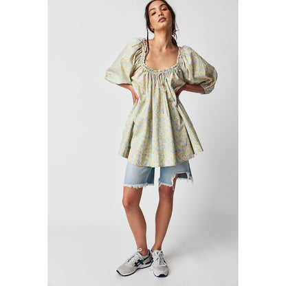 For Love & Lemons Merian Tunic Mini Dress Green Floral Small Short Sleeve Ruffle