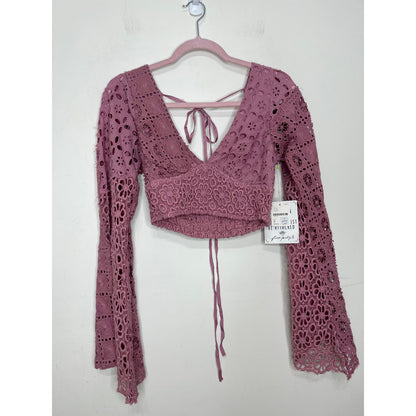 Free People Yesenia Set in Purple Small Eyelet Crochet Floral Pattern Cotton